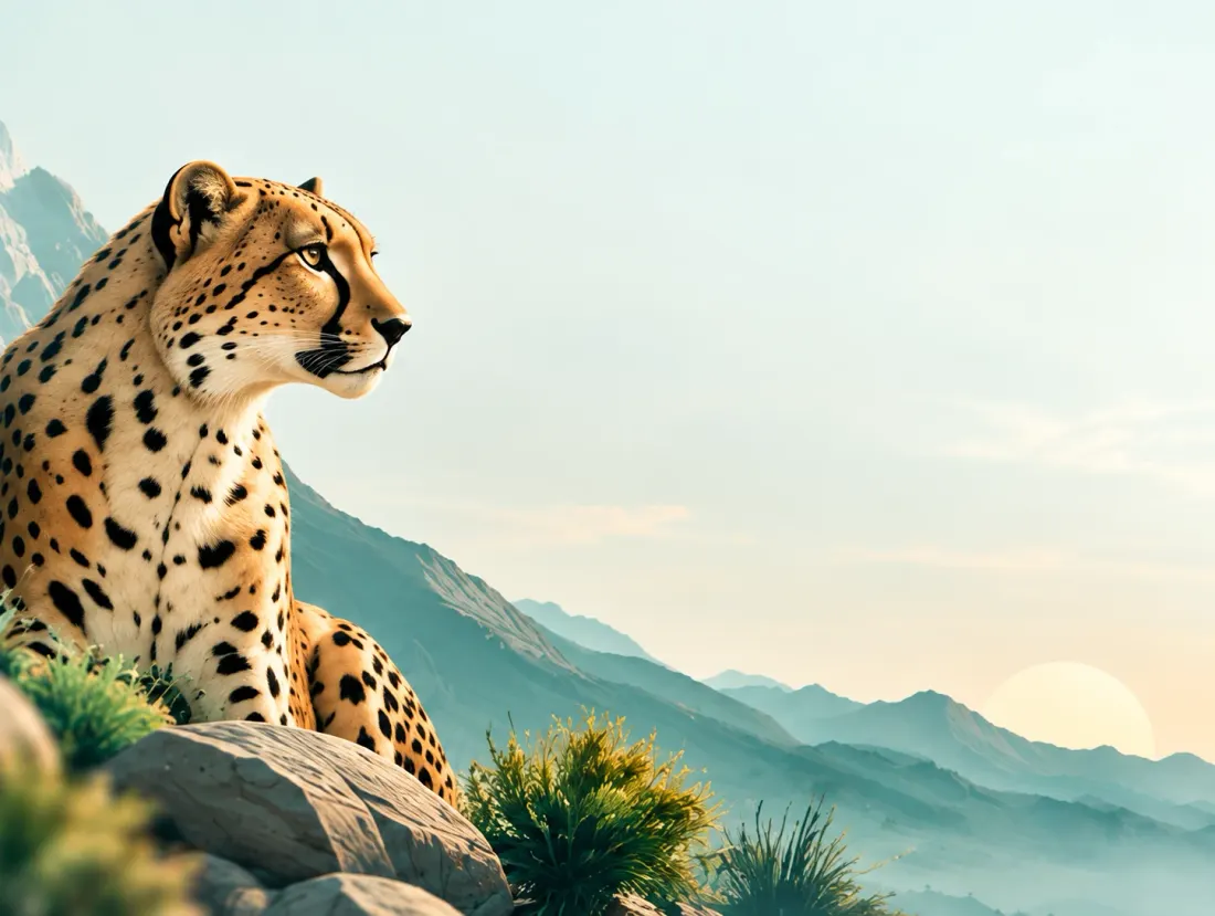 یوزپلنگ ایرانی روی صخره‌ای در کوهستان