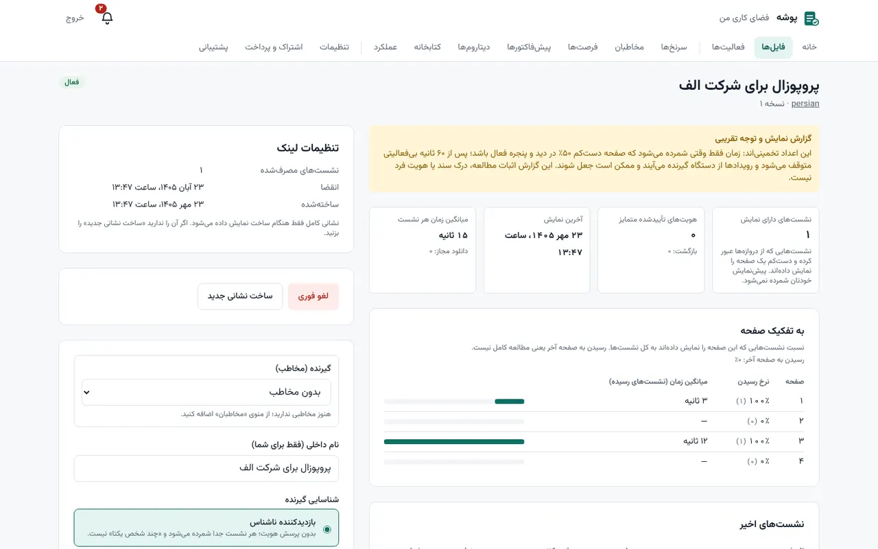 گزارش مشاهده یک لینک با تفکیک صفحه (محیط آزمایشی با داده نمونه)
